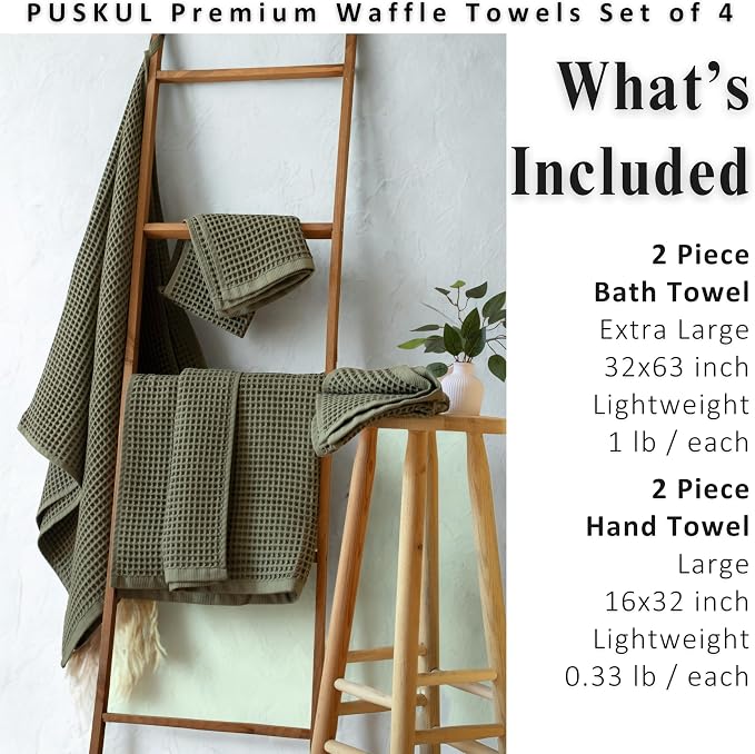 PÜSKÜL 4-Piece Natural 100% Turkish Cotton Luxury Waffle Towels for Bathroom | Premium Honeycomb Weave 2 Hand Towel & 2 Bath Towel Set | Soft Absorbent Quick-Dry Lightweight Towels (Khaki Green)