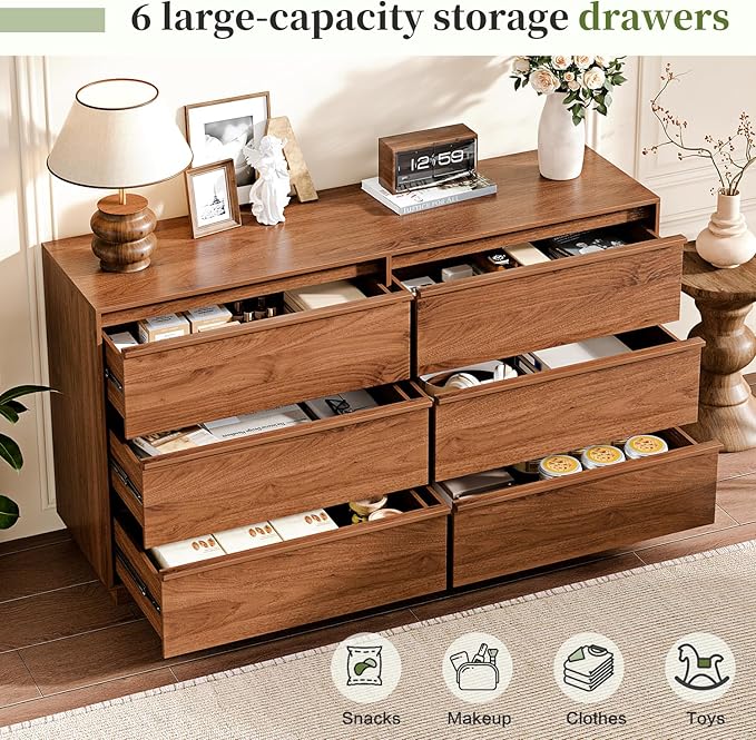 55.12" Modern Chest of Drawer, 6 Deep Drawers,Clothes Organizer,Large Storage Cabinet for Living Room, Bedroom,Dresser TV Stand, Wood Drawer Organizer for Living Room, Hallway, Umber