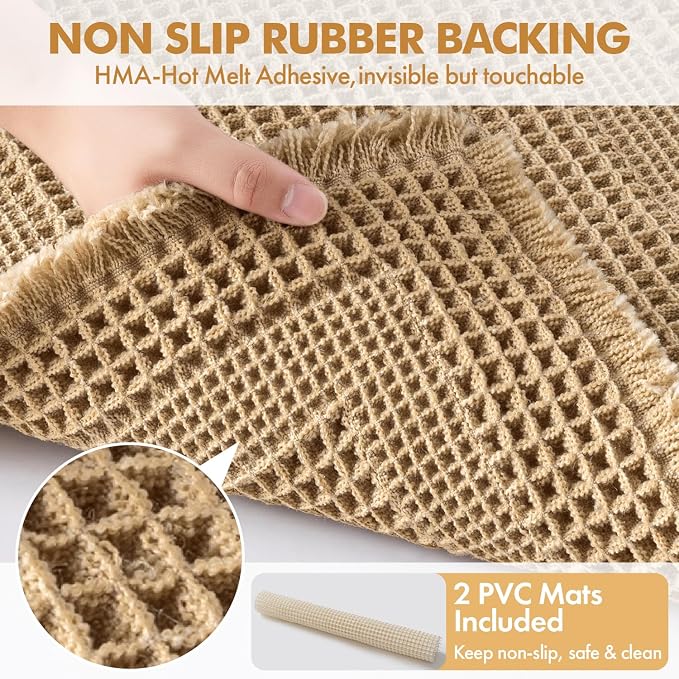 MIULEE Set of 2 Waffle Bathroom Rugs, Boho Bath Rug Super Absorbent, Non Slip Washable Ultra Soft Rubber Backed Shower Bath Mats for Floor, Tub, Shower, Looped Design, Brown, 18x30 Inch