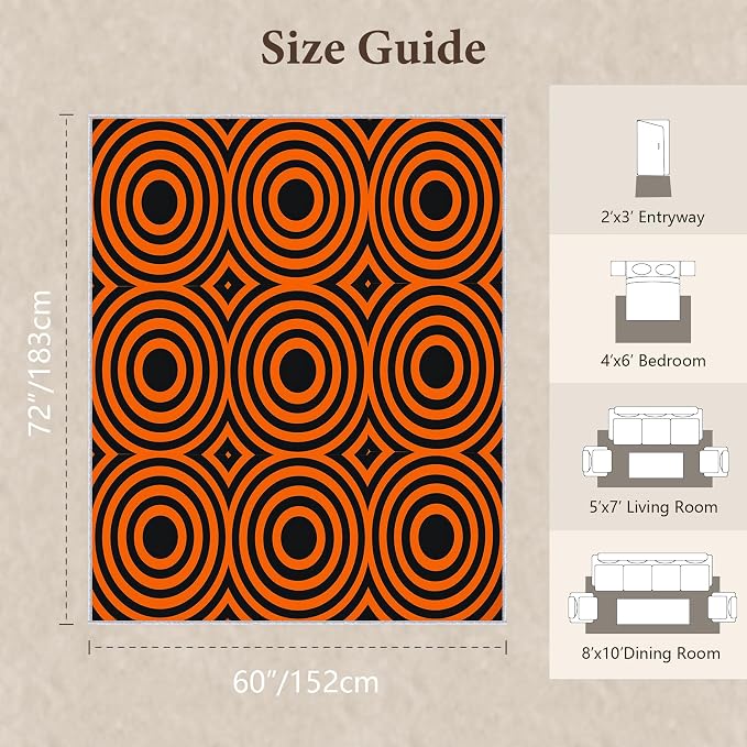 Retro Rings Area Rug 5x6, Optical Geometric Circle Rug, Bold Retro Pattern Carpet for Living Room Bedroom, Non Slip Soft Area Rug