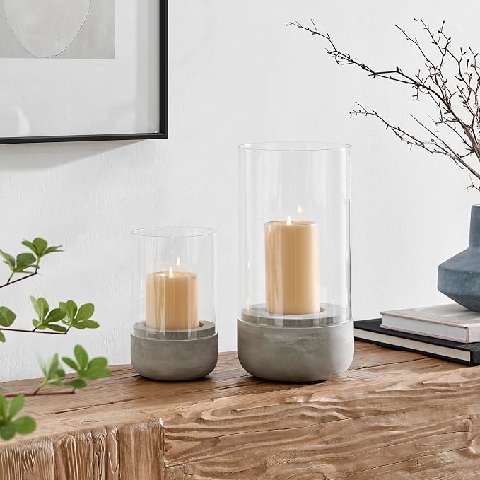 Danya B. Modern Cool Gray Cement Base and Glass Pillar Hurricane Candle Holder (Small)