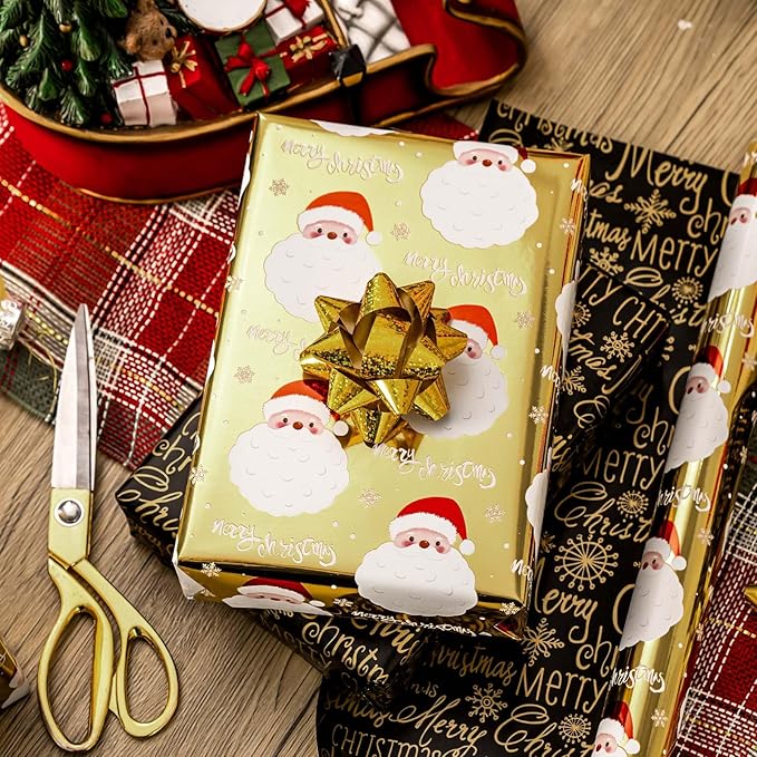 MAYPLUSS Gold Santa Claus Wrapping Paper Roll, 17IN X 33FT Christmas Gift Wrap Paper Featuring Reversible Merry Christmas for Holiday New Year Kids
