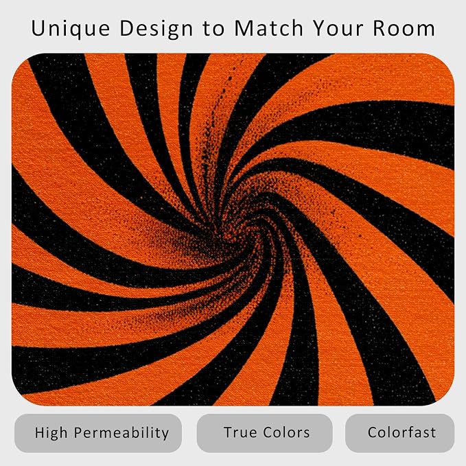 70s Rug 6x9 Swirl Abstract Black Orange Striped Pattern Area Rugs for Living Room, Bedroom, 70s Home Decor Accessories Indoor Carpet, Non Slip & Machine Washable, GD0379