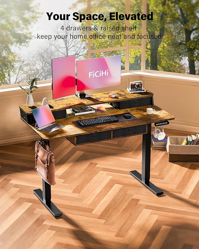 FiCiHi Adjustable Height Standing Desk with 4 Drawers,48 x 24 inches Electric Sit Stand Home Office Desk with Two Tiers, 3 Memory Presets, Monitor Stand Riser, C-Clamp Mount Compatible