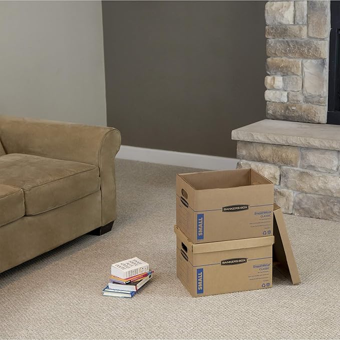 Bankers Box Small Classic Moving Box 5 Pack, Reinforced Handles, Tape-Free Assembly, Box with Lid, 15-in x 12-in x 10-in (7714902)