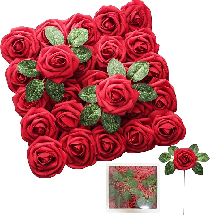 Dark Red Artificial Roses 25pcs, Real Looking Fake Foam Flowers with Stems for DIY Wedding Bouquets, Centerpieces, Valentine's Day, Christmas Tree Decoration