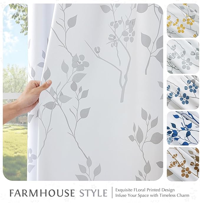 Beauoop Floral 100% Blackout Curtains 96 Inches Long 2 Panels for Bedroom Living Room Grey White Flower Patterned Room Darkening Thermal Insulated Soundproof Grommet Window Treatments Drapes, 52X96