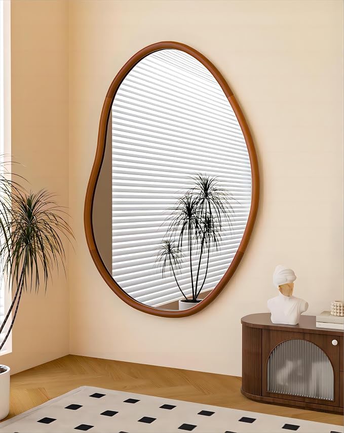Irregular Wall Mirror Asymmetrical: Abstract Wood Frame 43x30 inch | Unique Vanity Glass Mirrors, Cloud-shape, Horizontal Vertical Hanging, Sleek Entryway Accent
