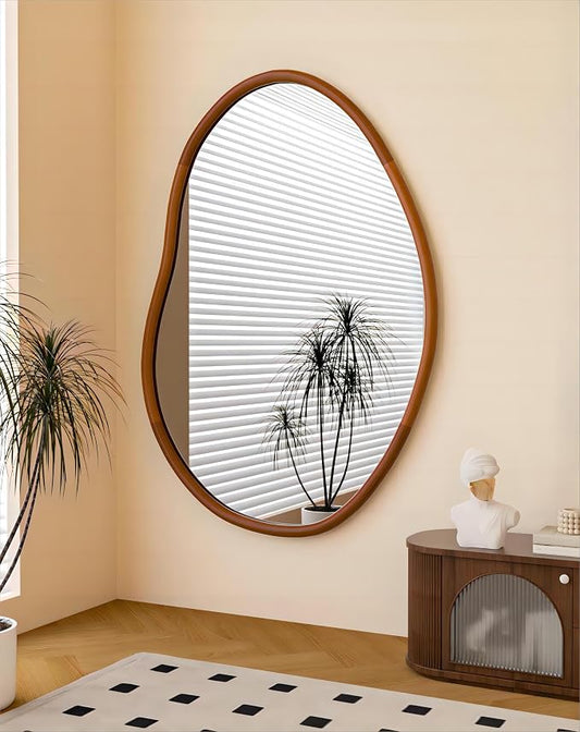 Irregular Wall Mirror Asymmetrical: Abstract Wood Frame 43x30 inch | Unique Vanity Glass Mirrors, Cloud-shape, Horizontal Vertical Hanging, Sleek Entryway Accent
