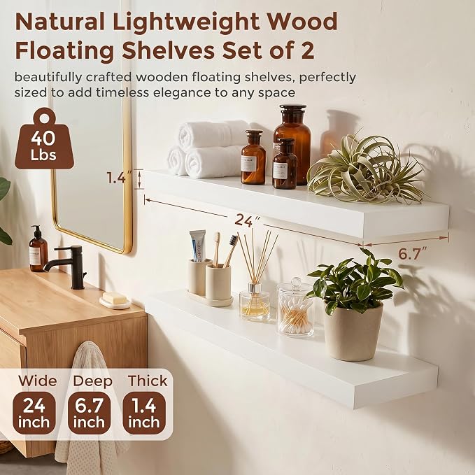 fuqing White Floating Shelves | 24 Inch Wood Floating Shelves for Wall Set of 2 | 24" W x 6.7" D x 1.4" H Rustic White Wooden Shelves for Bathroom Living Room Bedroom Kitchen
