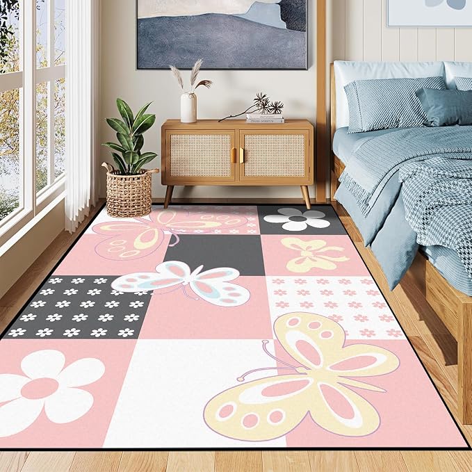 6'x9' Butterfly Area Rug Pink Butterfly Checkered Rugs for Bedroom Living Room Nursery Kitchen Playroom Home Decor Cute Flower Carpet Washable Non Slip Floor Mat