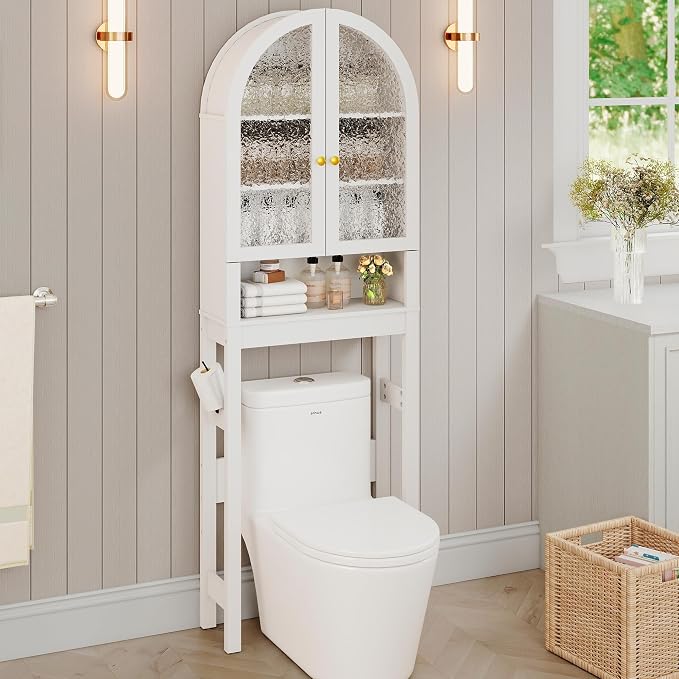 HMstone Over The Toilet Storage Cabinet, Arched Bathroom Organizer and Storage with Acrylic Doors and Adjustable Shelf, Space-Saving Freestanding Bathroom Modern Storage Cabinet Over Toilet, White