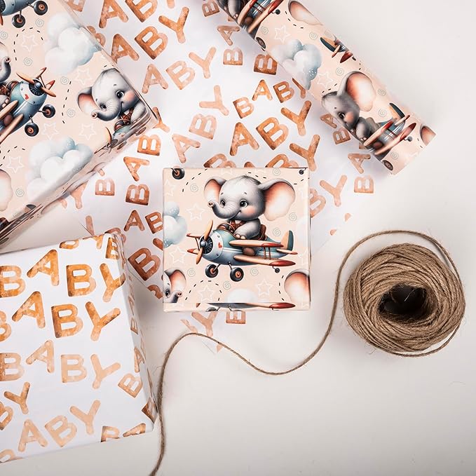 Altarho Reversible Baby Elephant Wrapping Paper Roll For Kids Boys Girls Elephant in Airplane with Baby Words Design Gift Wrap Sheets for Neutral Baby Shower Birthday Party Decoration Total 28.5sq.ft
