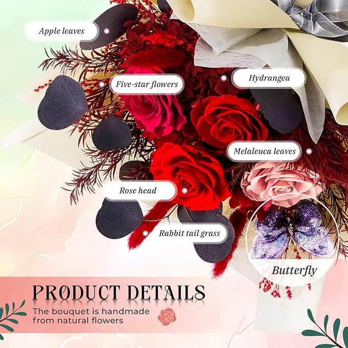 Preserved Flowers Bouquet Roses with Vases,Real Birthday Flowers for Delivery Prime,Forever Glitter Rose Bouquets Kit,Handmade Eternal Rosas Butterfly Gifts for Mom Birthday Women Girl (Red)