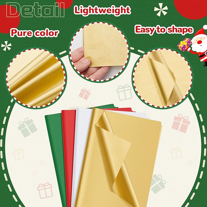 Qilery 500 Sheets Christmas Colored Tissue Paper Bulk 15 x 20 Inch Red Green Gold White Wrapping Paper for Gift Bags Acid Free Tissue for Christmas Craft Supplies, Bouquets, Garlands, Forming Pompoms