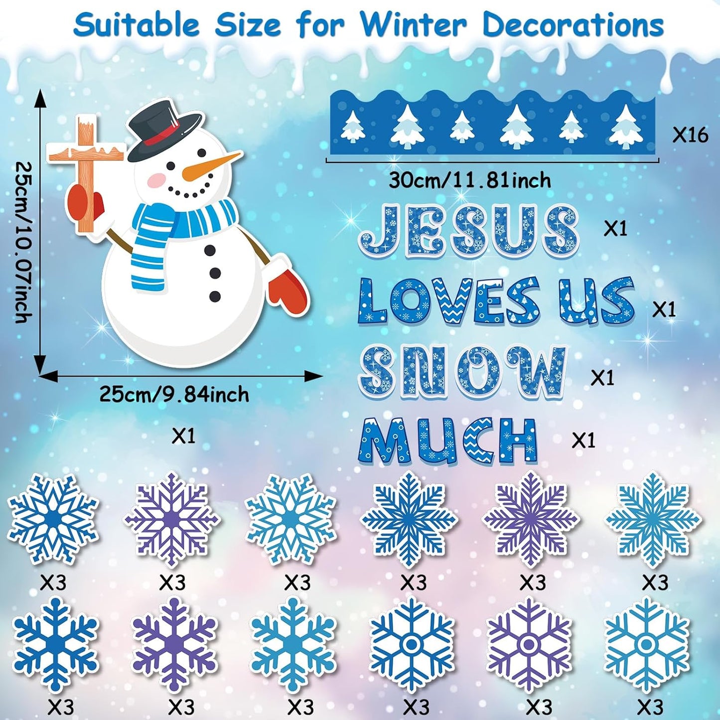 Skiennix Winter Bulletin Board Decoration Set - Snowflakes & Snowman Paper Cutouts | Christmas Classroom & Church Decor