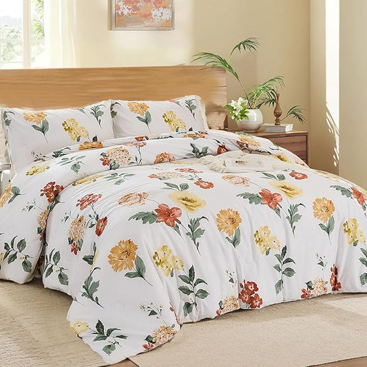 Yellow Floral Comforter Set Cute Botanical Bedding Queen 100% Cotton Floral Vintage & Country Cottage Bedroom Decor Soft Reversible