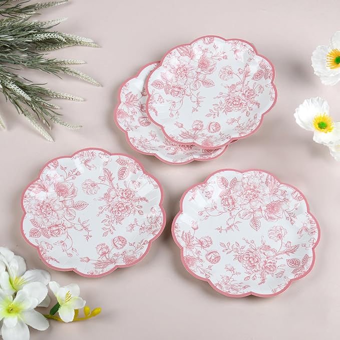 Pink Floral Party Plates Vintage Floral Leaf Disposable Paper Plates Wildflower Pink Toile 7" Scalloped Rim Dessert Plates for Valentines Birthday Bridal Tea Party Supplies (24)