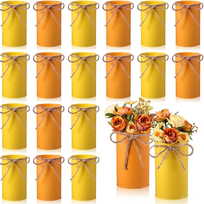Domensi 5.91 in High Farmhouse Vase Decor Galvanized Metal Flower Vase with Twine Bow Vintage Rustic Tin Flower Buckets for Artificial Floral Table Container DIY(Yellow, Orange,16 Pcs)