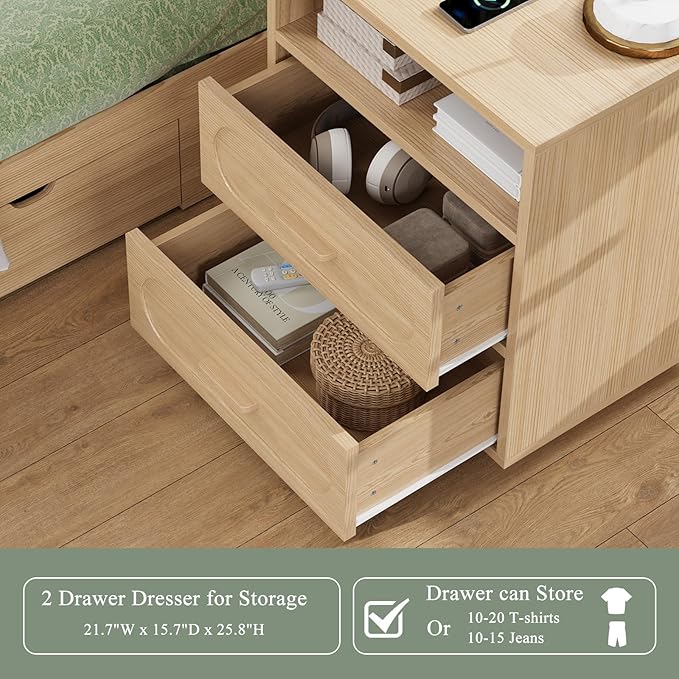 Nightstand Set of 2 with Charging Station, 25.8" Tall Wood End Table with 2 Storage Drawers and Open Shelf, Mid Century Modern Bedside Table for Bedroom, Living Room, Natural Oak