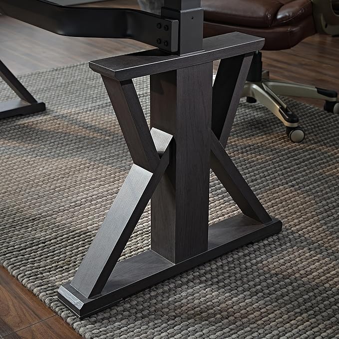 EUREKA ERGONOMIC Leather Standing Desk, 60 inch Executive Desk with Drawers,Modern Oak Grain X-Shaped Leg Sit Stand Desk, Charge Power Outlet Luxury Home Office Computer Desk