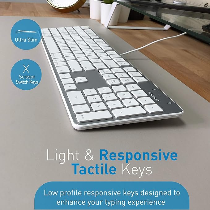 Macally Ultra Slim Wired Keyboard and a Silent Wired Mouse, Simplistic Apple Accessories