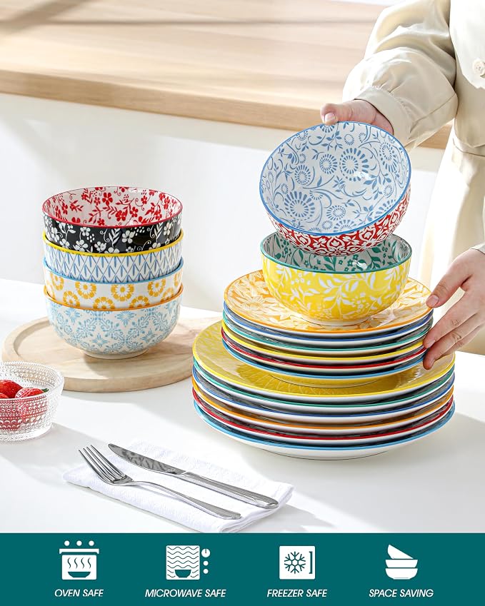 vancasso SELENE Plates and Bowls Set for 6, 18 Pieces Dinnerware Sets, Mircowave and Dishwasher Safe Dishes Set, Porcelain Pastel Dinnerware