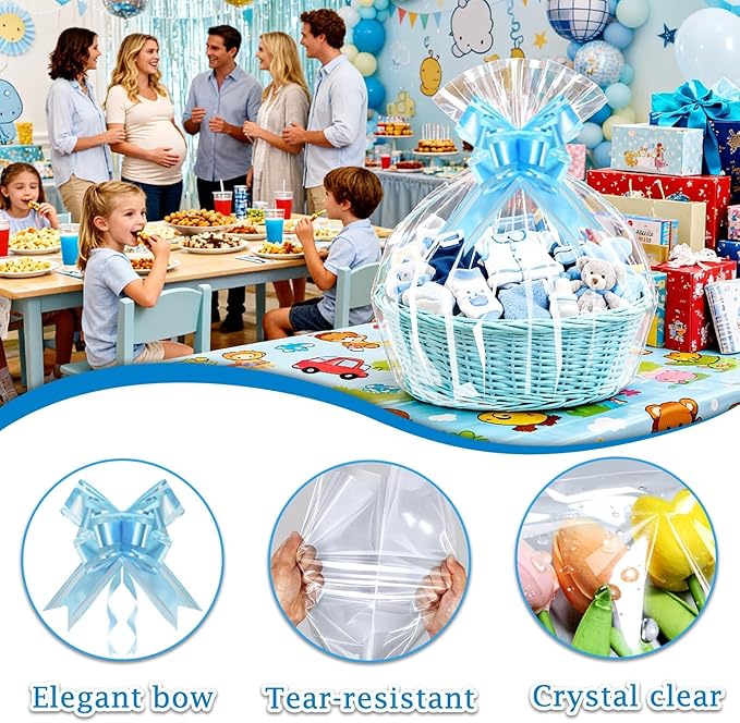 PigPotParty 30"x40" Clear Cellophane Gift Bags - Includes Bows – 10 Pack Large Cellophane Wrap for Gift Baskets, Plastic Gifts Bags for Gift Giving