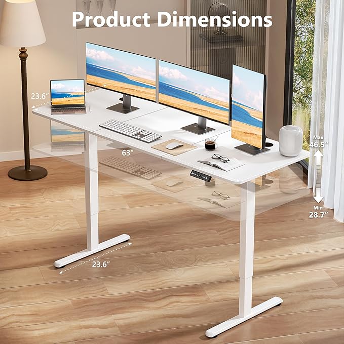 Electric Standing Desk 63 x 24 Inches, Height Adjustable Sit Stand Home Office Computer Desk with Memory Presets,White