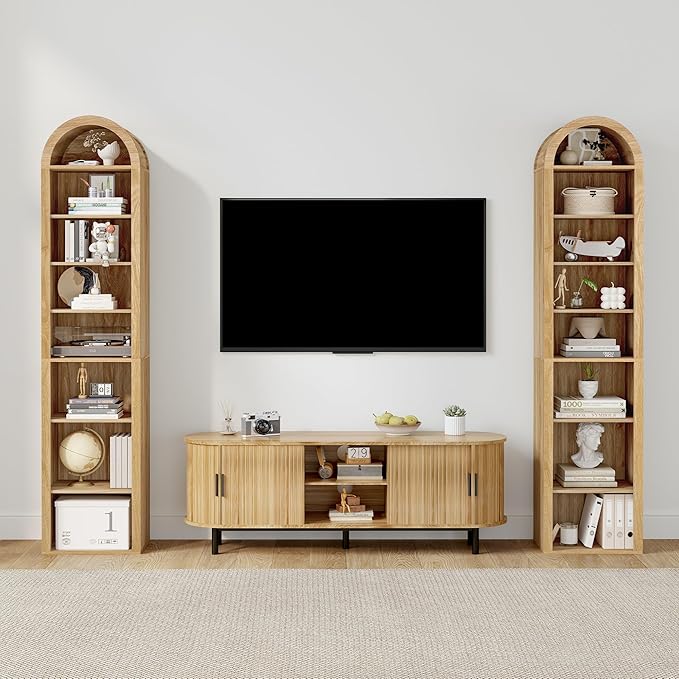 Tall Narrow Arched Bookshelf, 8-Tier Skinny Arch Bookcase for Small Space, Freestanding Storage Organizer with Adjustable Shelves, Open Display Shelves for Living Room, Entryway (Natural)