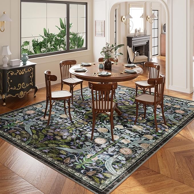 AMTOVO 6x9 Washable Area Rugs for Living Room, Non-Slip Large Soft Boho Floral Vintage Accent Print Carpet for Bedroom Classroom College Dorm Dining Room Farmhouse Nursery Home Office, Black
