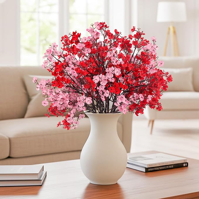 8Pcs Babys Breath Fake Artificial Flowers, Real Touch Red Pink Mix and Match Plants Silk Flowers for Vase Home Office Wedding Mother's Day Indoor Outdoor Centerpiece Table Party Decoration
