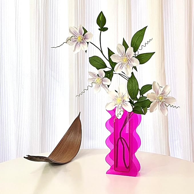 Hot Pink Acrylic Vase, 8-Inch Wave Shaped, Modern Centerpiece, Home Office Decor