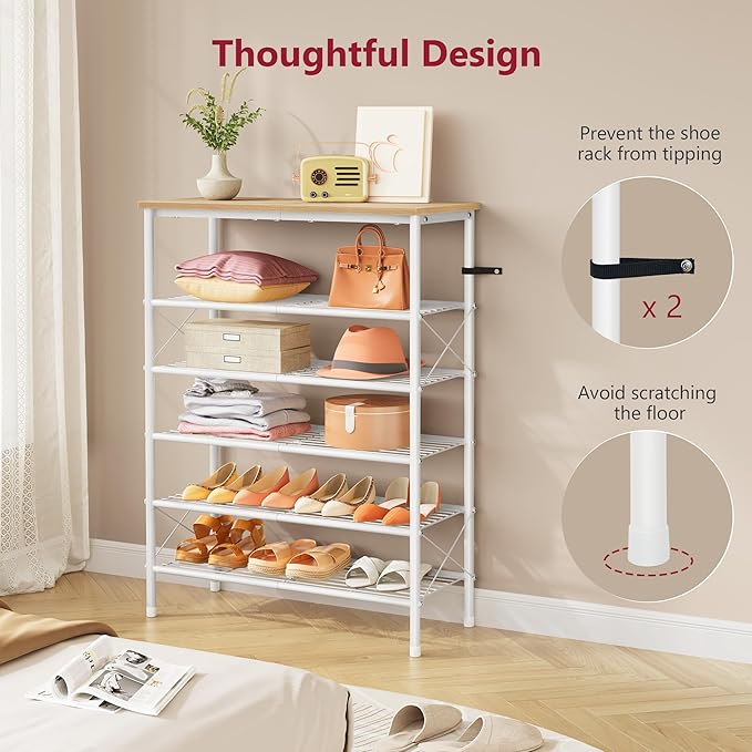 Tajsoon 6 Tier Shoe Rack Organizer for 20-24 Pairs of Shoes, Metal Mesh Shoe Shelf for Closet, Industrial Shoe Rack for Entryway Shoe Storage with X Shape Fixed Frame, White & Log