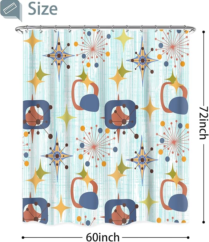 Mid Century Shower Curtain, 60x72inch, Modern Abstract Retro Blue Striped Geometric Shower Curtain Sets 1950s Boho Bathroom Shower Curtain with 10 Hooks