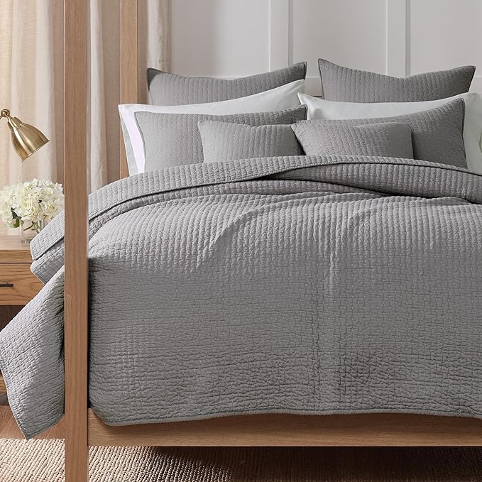 Levtex Home Cross Stitch Reversible Twin XL/Twin Quilt Set (68x86in) and 1 Pillow Sham (26x20in) - Stitch Texture - Light Grey - Cotton Twin/Twin Size Quilt Bedding Set - Lightweight Soft Pre-Washed