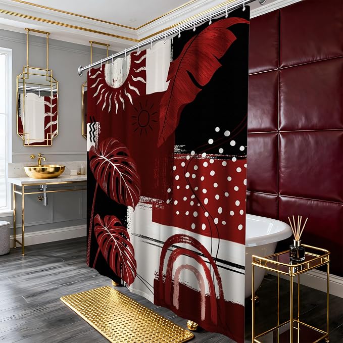 Small Stall Narrow Shower Curtain Black and Red Stand Up Burgundy Abstract Boho Shower Curtains for Rv Camper Bathroom Decor Sets, Waterproof Cloth Fabric with Hooks, 48 x 72 Inch