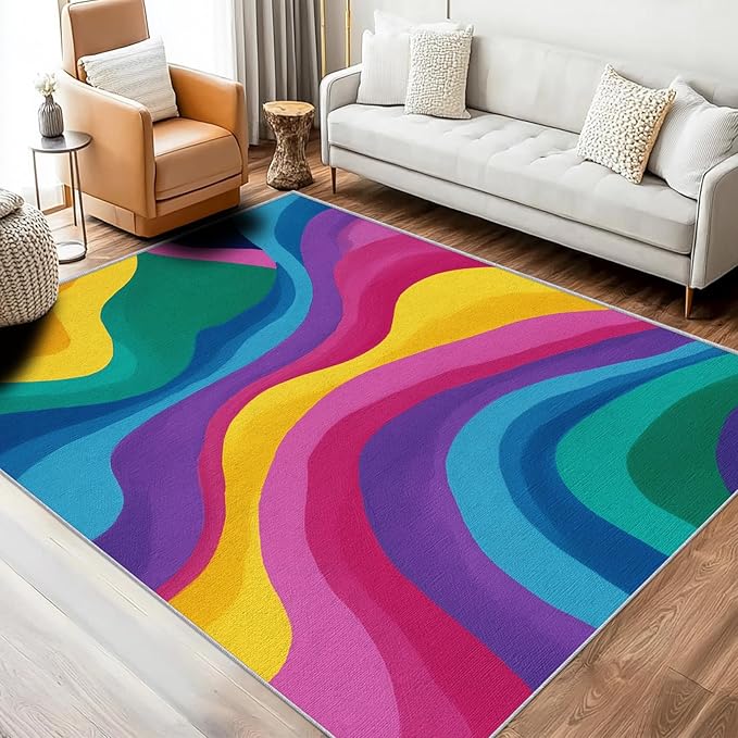 Rainbow Abstract Rugs 5x8, Colorful Retro 70s Washable 5 x 8 Area Rug for Living Room, Bedroom, Low Pile Non Slip Stain Resistant Carpet, Abstract Home Decor Accessories & M888