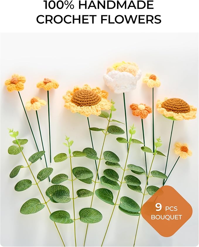 Crochet Flower Bouquet Gift for Wife Mother Girlfriend Fiancee Women, Handmade Artificial Crochet Flowers Knitted Sunflower for Thanksgiving Gift,Birthday Anniversary Present Home Decor Family