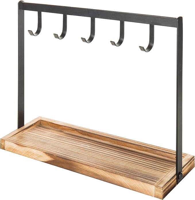 MyGift Black Metal Entryway Key Holder with 5 Hooks and Burnt Wood Base, Tabletop Necklace and Jewelry Organizer Rack with Ring Tray