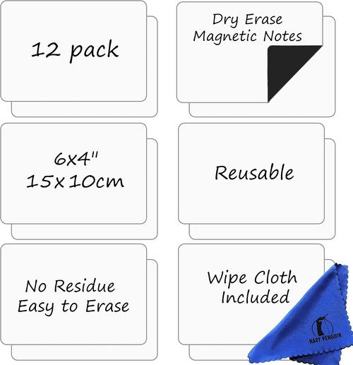 Dry Erase Magnets Set - 12 Pack | 6x4 Inch Magnetic Notes for Home & Office Planning