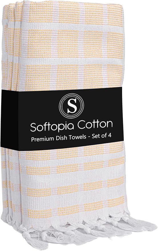 Matrix Dobby Kitchen Towels 4 Pack, 100% Cotton, 16x26 Inches, Absorbent Tea Towels with Handmade Tassels, Reusable Washable Cloths for Quick Drying and Cleaning - Pale Yellow, White