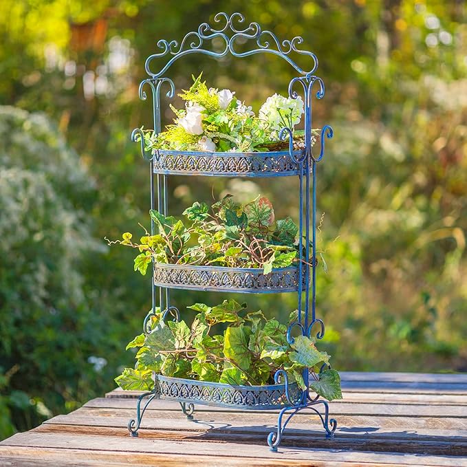 3 Tier Ornate Metal Plant Stand (Cobalt Blue)