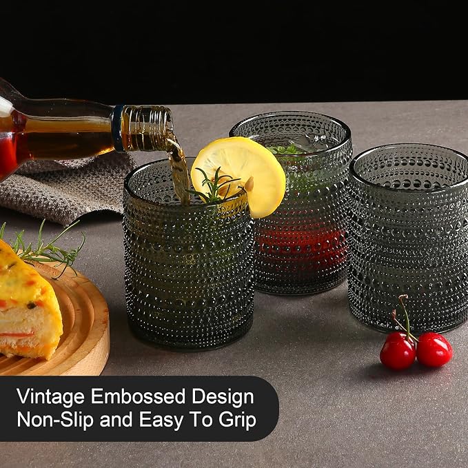 ZMOWIPDL Vintage Glassware Drinking Glasses Set of 6,12 oz Hobnail Glass Cups,Embossed Grey Water Tumbler,for Beer,Cocktail,Whiskey,Juice and Various Mixed Drinks- 1 Cleaning Brush