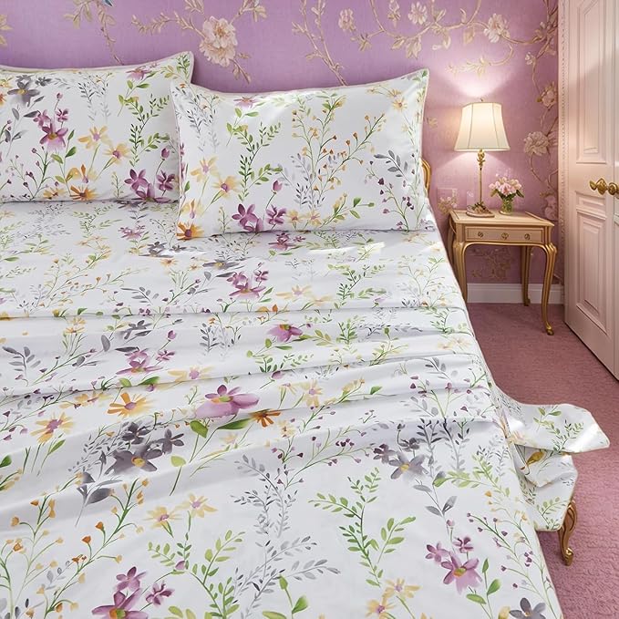 Brandream Garden Style King Size Sheets Set 4 Pieces Breathable Luxury Bed Sheets, Deep Pockets 18" Cooling Bed Sheets Farmhouse Bedding 800 Thread Count 100% Egyptian Cotton, Purple White Green