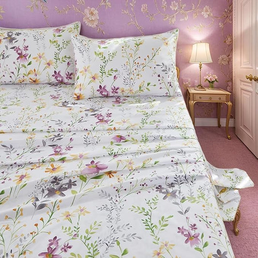Brandream Garden Style King Size Sheets Set 4 Pieces Breathable Luxury Bed Sheets, Deep Pockets 18" Cooling Bed Sheets Farmhouse Bedding 800 Thread Count 100% Egyptian Cotton, Purple White Green