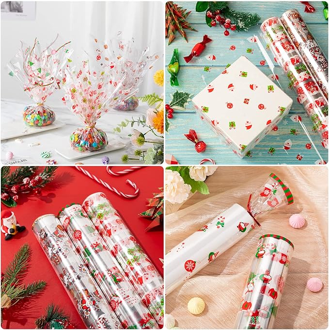 Fainne Total 295 ft 3 Pcs Christmas Cellophane Wrap Roll 15.8 Inch x 98.4 ft, 2.5 Mil Thick Clear Merry Christmas Cellophane for Gift Baskets Flower Food Treats Wrapping Party Decoration