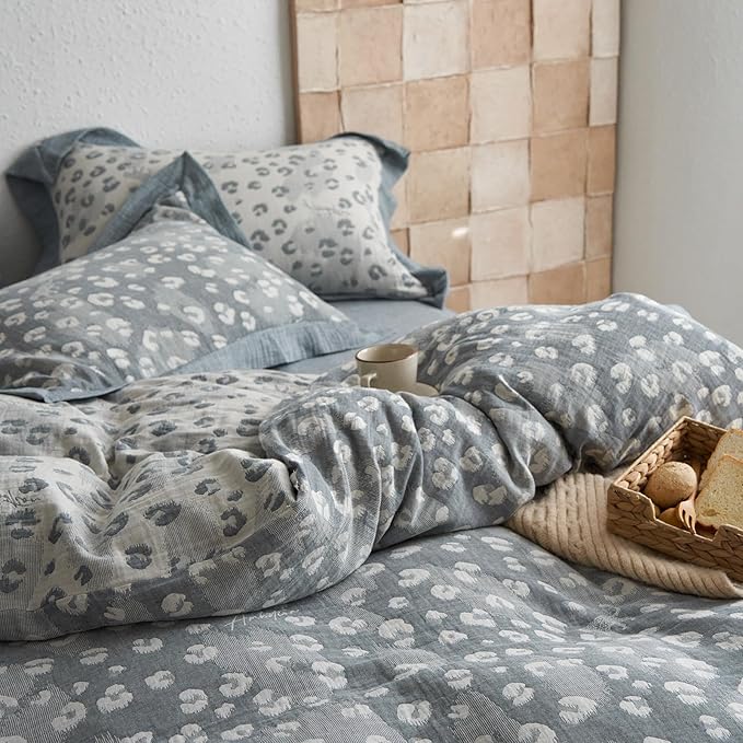 Jacquard Leopard Duvet Cover King Yarn-Dyed Linen Cotton Duvet Cover Vintage Grey Leopard Print Bedding Set Floral Muslin Cotton Jacquard Comforter Cover Boho Leopard Pattern Duvet Cover for Men Women