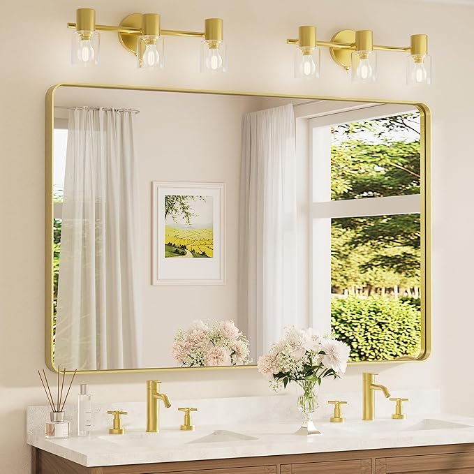 TETOTE 55 x 36 Inch Bathroom Mirror, Brushed Brass Gold Vanity Mirror, Modern Rectangle Metal Frame Decorative Wall Mirror for Entryway Shatterproof (Horizontal/Vertical)