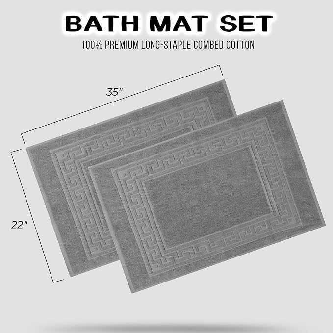 Superior Heavyweight Cotton Bath Mats, Bath Rugs For Bathroom Accessories, Washable Rug For Shower, Bath, Toilet, Modern Decor, No Backing, Luxury Hotel And Spa Quality, Set of 2, 22" x 35", Silver